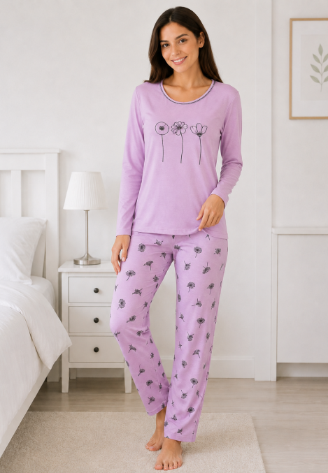 Pijama de damă cu bluză cu maneca lunga și pantaloni lung -Lila ,Engros